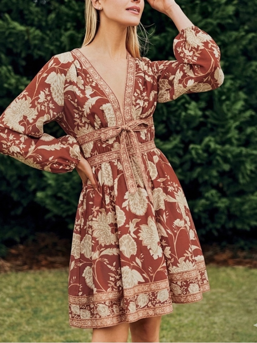 Antonio Melani Normajean Floral Print Deep Vneck Long‎ Puff Sleeve Dress